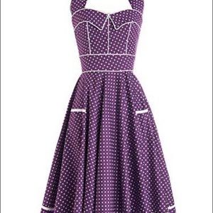 Purple and white polka dot halter dress